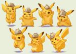  brown_eyes closed_eyes commentary_request dab_(dance) detective_pikachu detective_pikachu_(character) fluffy gen_1_pokemon grey_headwear hat hatted_pokemon legs_apart misica multiple_views no_humans open_mouth pikachu pokemon pokemon_(creature) smile standing yellow_fur |d 