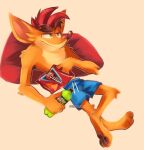  activision anthro bandicoot barefoot bottomwear chips_(disambiguation) clothing crash crash_bandicoot crash_bandicoot_(series) doritos feet fur green_eyes hair hi_res male mammal marsupial mountain_dew orange_body orange_fur pawpads pillow rakkun13 red_hair shirtless shirtless_male shorts simple_background solo video_games 