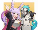  1boy 1girl :d :o aqua_hair arknights arm_up bandaid bandaid_on_nose black_gloves blush breasts chameleon_tail colored_skin dog_tags ethan_(arknights) frischenq gloves goggles goggles_on_head grey_skin head_wings index_finger_raised large_breasts long_hair looking_at_viewer manticore_(arknights) midriff open_mouth orange_background pointy_ears polka_dot polka_dot_background purple_eyes purple_hair scorpion_tail sharp_teeth smile tail teeth twintails two-tone_background upper_body white_background white_eyes 