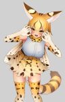  1girl :d absurdres animal_ear_fluff animal_ears bangs bare_shoulders blonde_hair bow bowtie breasts claw_pose deku_suke elbow_gloves extra_serval_(kemono_friends) gloves grey_background highres kemono_friends leaning_forward looking_at_viewer medium_breasts open_mouth print_bow print_gloves print_legwear print_neckwear print_skirt serval_ears serval_print serval_tail shirt short_hair simple_background skirt sleeveless sleeveless_shirt smile solo striped_tail tail thighhighs white_shirt yellow_eyes zettai_ryouiki 