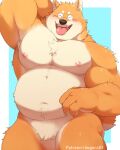  anthro belly blush brown_body brown_fur canid canine canis claws domestic_dog eyes_closed featureless_crotch finger_claws fur hand_behind_head male mammal musclegut nipples o-ro open_mouth open_smile overweight overweight_male pecs pink_tongue shiba_inu smile solo spitz teeth tongue tongue_out 