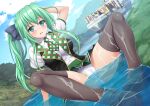  1girl black_legwear black_vest breasts cameltoe canal denhijou_niki ever_given_(evergreen) evergreen_marine_corporation giant giantess green_eyes green_hair green_skirt highres miniskirt panties pantyhose personification pleated_skirt ponytail ship shipping_container sidelocks skirt small_breasts solo underwear vest watercraft white_panties 