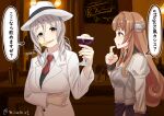  2girls alcohol alternate_costume alternate_hairstyle arrow_(symbol) brown_eyes brown_hair buttons coat cup drinking_glass eyebrows_visible_through_hair grey_hair hat helena_(kancolle) highres holding holding_cup juliet_sleeves kantai_collection long_hair long_sleeves military military_uniform misumi_(niku-kyu) mouth_hold multiple_girls necktie pola_(kancolle) puffy_sleeves red_neckwear speech_bubble translation_request twitter_username uniform wavy_hair white_coat white_headwear wine wine_glass 