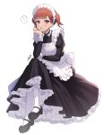  ! 1girl apron bangs black_dress black_footwear commentary_request copyright_request crossed_legs dress full_body highres juliet_sleeves juugonichi_(wheeliex2) long_sleeves looking_at_viewer maid maid_apron maid_headdress puffy_sleeves short_hair solo spoken_exclamation_mark white_apron 