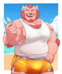  5_fingers anthro arm_hair beach blue_sky body_hair border bottomwear bulge chernobog chest_hair clothed clothing cloud demon facial_hair fingers hair hand_on_hip holding_object holding_tongs male muscular muscular_anthro muscular_male nipple_outline nipples o-ro one_eye_closed open_mouth open_smile pecs pink_body pink_hair seaside shirt sky smile solo tank_top teeth tokyo_afterschool_summoners tongs tools topwear video_games white_border white_clothing white_shirt white_topwear yellow_bottomwear yellow_clothing 