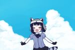  1girl animal_ears black_gloves black_hair black_neckwear black_skirt blue_sweater blush bow bowtie closed_eyes cloud common_raccoon_(kemono_friends) cowboy_shot elbow_gloves eyebrows_visible_through_hair fur_collar gloves grey_hair kemono_friends multicolored_hair pleated_skirt puffy_short_sleeves puffy_sleeves raccoon_ears raccoon_girl raccoon_tail san_sami short_sleeves skirt sky solo sweater tail two-tone_gloves v white_fur white_gloves white_hair 