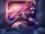  anthro breasts canid canine cleavage clothed clothing dolphydolphiana female galaxy mammal smile solo space tight_clothing 