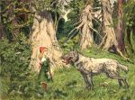  1905 20th_century ancient_furry_art arpad_schmidhammer big_bad_wolf biped bottle bottomwear canid canine canis cheek_tuft clothed clothing day detailed_background digitigrade duo facial_tuft female feral forest fully_clothed fur grass green_clothing grey_body grey_fur headgear headwear holding_object human light_body light_hair light_skin little_red_riding_hood little_red_riding_hood_(copyright) looking_at_another male mammal nude open_mouth outside plant quadruped red_bottomwear red_clothing red_headwear sky standing teeth tongue tongue_out traditional_media_(artwork) tree tuft white_clothing wolf young 