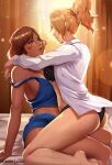  2girls arm_support artist_name ass bangs barefoot black_bra black_panties blue_shorts bra breasts brown_eyes brown_hair commentary dark_skin exlic eye_contact from_side highres large_breasts long_hair looking_at_another mercy_(overwatch) multiple_girls navel open_clothes open_mouth open_shirt overwatch panties pharah_(overwatch) ponytail shiny shiny_hair shirt short_hair shorts sitting stomach toned underwear white_shirt yuri 