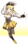  1girl blonde_hair breasts butcha-u closed_mouth drill_hair fingerless_gloves gloves hair_ornament hairpin hat long_hair looking_at_viewer magical_girl mahou_shoujo_madoka_magica pleated_skirt skirt solo thighhighs tomoe_mami twin_drills twintails yellow_eyes 