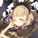  1girl blonde_hair blush braid briar_rose_(sinoalice) hair_ornament highres looking_at_viewer one_eye_closed open_mouth ribbon short_hair sinoalice solo teroru thorns tired yellow_eyes 