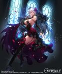  1girl absurdres bare_shoulders black_dress black_gloves boots breasts character_request cleavage dress elbow_gloves evertale fingerless_gloves flower garter_straps gloves hair_flower hair_ornament highres kakage large_breasts long_hair looking_at_viewer looking_back official_art open_mouth petals red_eyes silver_hair thigh_boots thighhighs watermark 