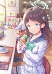  3girls airi_(blue_archive) aqua_bow aqua_eyes bangs bar_stool black_hair blue_archive blue_legwear blue_sailor_collar blush bow bowtie cellphone chocolate_mint_ice_cream coffee coffee_mug commentary counter cup day eyebrows_visible_through_hair food hair_ornament halo hirokazu_(analysis-depth) holding holding_food holding_spoon ice_cream ice_cream_cone ice_cream_hair_ornament long_hair long_sleeves looking_at_viewer miniskirt mug multiple_girls parted_bangs phone revision sailor_collar school_uniform serafuku sitting skirt smartphone smile spoon stool thighhighs tray white_serafuku white_skirt window 