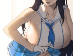  1girl armpits black_hair blue_neckwear blue_skirt breasts gloves head_out_of_frame huge_breasts invincible_dragon last_origin leaning_forward lifted_by_self long_hair miniskirt neckerchief open_mouth panties pinkboy pleated_skirt revealing_clothes sailor_collar sideboob skirt skirt_lift smile solo string_panties sweat underwear very_long_hair white_gloves white_panties white_sailor_collar 