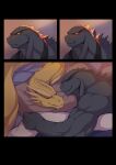  2021 anthro black_body blush digital_media_(artwork) disiwjd dragon duo eyes_closed godzilla godzilla_(series) hi_res hydra kaiju king_ghidorah male pillow sleeping smile toho yellow_body 