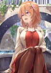  1girl :d arm_at_side bangs blush breasts bridge brown_legwear casual collarbone day eyebrows_visible_through_hair feet_out_of_frame fine_fabric_emphasis gochuumon_wa_usagi_desu_ka? gondola grey_jacket hair_between_eyes hair_ornament hairclip hand_on_own_knee highres hoto_cocoa jacket ks_(xephyrks) large_breasts long_sleeves looking_away looking_to_the_side miniskirt older open_mouth orange_hair outdoors pantyhose purple_eyes red_shirt red_skirt shirt short_hair skirt smile solo unbuttoned unbuttoned_shirt 