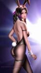  1girl aerith_gainsborough animal_ears arm_strap ass bare_shoulders black_hair black_leotard braid braided_ponytail breasts bunny_ears bunny_tail detached_collar fake_animal_ears final_fantasy final_fantasy_vii final_fantasy_vii_remake green_eyes highres large_breasts leotard liang_xing lips long_hair looking_at_viewer multicolored_hair pantyhose parted_lips playboy_bunny profile signature solo strapless strapless_leotard tail thigh_strap two-tone_hair watermark web_address wrist_cuffs 