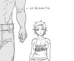  1boy 1girl arms_at_sides bb_(baalbuddy) booba_(meme) breasts cleavage closed_mouth commentary english_commentary english_text greyscale height_difference highres jitome large_breasts looking_at_viewer meme monochrome original shirt short_hair short_sleeves short_stack simple_background white_background 