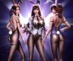  3girls aerith_gainsborough animal_ears arm_strap ass bare_shoulders black_hair black_leotard braid braided_ponytail breasts brown_eyes brown_hair bunny_ears bunny_tail cleavage covered_navel detached_collar earrings fake_animal_ears final_fantasy final_fantasy_vii final_fantasy_vii_remake from_behind green_eyes headband highleg highleg_leotard highres jessie_rasberry jewelry large_breasts leotard liang_xing lips long_hair looking_at_viewer medium_hair multiple_girls pantyhose parted_lips playboy_bunny ponytail profile purple_leotard red_bandana red_headband signature strapless strapless_leotard tail thigh_strap tifa_lockhart waistcoat watermark web_address wrist_cuffs 