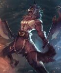  5_fingers anthro axe battle_axe biped black_nose bottomwear canid canine canis clothing digitigrade fangs fingers fur grey_body grey_fur hi_res holding_object holding_weapon humanoid_hands kardie male mammal melee_weapon neck_tuft open_mouth solo teeth tongue tuft viking weapon wolf 