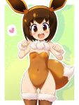  1girl :d ass_visible_through_thighs bangs blush_stickers border breasts brown_eyes brown_hair brown_leotard commentary_request covered_navel detached_collar fishnet_legwear fishnets fur-trimmed_legwear fur_cuffs fur_trim hairband hands_up heart highres konpeto leotard looking_at_viewer medium_hair open_mouth outline outside_border poke_kid_(pokemon) pokemon pokemon_(game) pokemon_ears pokemon_swsh pokemon_tail smile solo spoken_heart thighhighs tongue upper_teeth white_border 