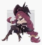  1225ka 1girl ahoge black_legwear boots braid detached_sleeves dorothy_(sinoalice) feathers fingerless_gloves frills gloves hair_ornament hairclip hat highres long_hair looking_to_the_side open_mouth pantyhose purple_eyes purple_hair shorts simple_background sinoalice sitting witch witch_hat 