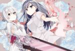  2girls black_eyes blood blood_splatter breasts cleavage closed_mouth dual_persona flower gloves grey_hair hair_bun hair_ornament hat highres holding holding_sword holding_weapon long_hair looking_at_viewer multiple_girls nurse nurse_cap red_flower rose serious short_hair sidelocks sinoalice snow_white_(sinoalice) sword weapon white_gloves white_hair yuna726 