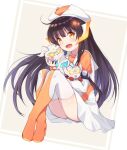  1girl bangs black_hair blush boots brown_eyes chibi dress eyebrows_visible_through_hair hair_ornament highres holding holding_toy humanization long_hair looking_at_viewer sailor_collar sitting solo star_(symbol) star_hair_ornament taro_(ultrataro) thigh_boots thighhighs tokusatsu toy ultra_series ultraman_geed ultraman_geed_(series) ultraman_r/b ultraman_zero ultrawoman_grigio very_long_hair white_dress 