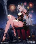  1girl absurdres alcohol bare_shoulders black_dress black_gloves breasts character_request cleavage crossed_legs cup dress drinking_glass evertale fireworks glass gloves hair_ornament high_heels highres holding holding_cup kakage large_breasts long_hair looking_at_viewer night night_sky official_art red_eyes silver_hair sitting sky thigh_strap watermark wine_glass 