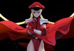  1girl armor blonde_hair braid cammy_white cape cowboy_shot elbow_gloves ffffcoffee fingerless_gloves genderswap genderswap_(mtf) gloves hat highleg highleg_leotard leotard long_braid long_hair pauldrons peaked_cap shoulder_armor solo street_fighter twin_braids vega very_long_hair 