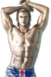  1boy abs armpits arms_up blonde_hair boxing_shorts brown_eyes closed_mouth commentary_request looking_at_viewer male_focus muscular muscular_male navel nipples norapeko shirtless short_hair shorts simple_background solo steve_fox tekken union_jack upper_body white_background 