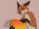  2021 anthro blush brown_body brown_fur canid canine cheek_tuft countershade_torso countershading facial_tuft food fox fruit fur gloves_(marking) grin hi_res mammal mango_(fruit) markings plant simple_background smile solo sparkles tuft yshanii 
