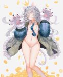  1girl absurdres animal_ears bikini blush cat_ears cat_paws cat_tail detached_collar flat_chest girls_frontline gloves grey_eyes grey_hair greyscale hair_between_eyes highres long_hair looking_at_viewer monochrome navel necktie paw_gloves paws simple_background smile solo swimsuit tail tears timitarcat white_background xm8_(girls_frontline) 