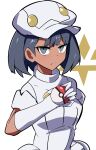  1girl aether_foundation_employee bangs black_hair bob_cut closed_mouth dark_skin dark_skinned_female dress eyebrows_visible_through_hair gloves grey_eyes hat highres holding holding_poke_ball looking_at_viewer poke_ball pokemon pokemon_(game) pokemon_sm solo synchroman upper_body white_dress white_gloves white_headwear 