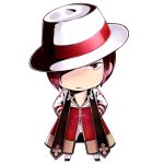  1boy archbishop_(ragnarok_online) chibi closed_mouth coat commentary_request fedora full_body hands_in_pockets hat looking_at_viewer norapeko open_clothes open_coat pants ragnarok_online red_coat red_eyes red_hair shiny shiny_hair short_hair simple_background solo two-tone_coat white_background white_coat white_headwear white_pants 