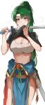  1girl absurdres blush breasts cleavage earrings fire_emblem fire_emblem:_the_blazing_blade green_eyes green_hair hair_between_eyes highres jewelry katana large_breasts long_hair lyn_(fire_emblem) ormille pelvic_curtain ponytail scabbard sheath shirt_lift solo sword thighs weapon white_background wiping_face 