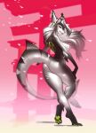 2021 absurd_res anthro breasts butt canid canine cherry_blossom claws female fish grey_body hair hi_res hybrid long_hair mammal marine markings nipples plant qrichy shark signature solo toe_claws white_hair 