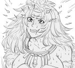  1girl ahegao bb_(baalbuddy) breasts clenched_teeth commentary english_commentary greyscale headband highres large_breasts long_hair looking_at_viewer monochrome queen&#039;s_blade risty saliva solo sweatdrop teeth upper_body wide-eyed 