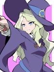  1girl blonde_hair blue_eyes diana_cavendish dress eyebrows_visible_through_hair hat highres holding holding_wand little_witch_academia long_hair long_sleeves luna_nova_school_uniform outstretched_arm purple_background purple_dress school_uniform smile solo synchroman wand wavy_hair witch_hat 