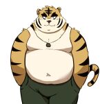  2021 anthro bottomwear clothing felid fur hi_res kemono male mammal overweight overweight_male pantherine pants re_jin37 shirt simple_background solo tiger topwear white_background yellow_body yellow_fur 