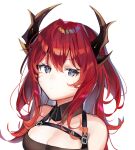  1girl :/ arknights bare_shoulders chest_belt demon_girl demon_horns dress hncx3355 horns long_hair looking_at_viewer purple_eyes red_hair solo surtr_(arknights) 
