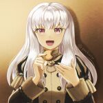  1girl bangs brown_background commentary_request cookie eyebrows_behind_hair fire_emblem fire_emblem:_three_houses food garreg_mach_monastery_uniform holding holding_cookie holding_food long_hair long_sleeves lysithea_von_ordelia open_mouth pink_eyes pochi_(furaigonn) simple_background solo twitter_username uniform white_hair 