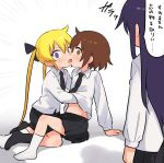  3girls black_legwear blonde_hair blue_eyes blush brown_eyes brown_hair caught commentary emphasis_lines goshiki_agiri hand_under_clothes hand_under_shirt highres kill_me_baby kiss kneehighs long_hair meis_(terameisu) multiple_girls necktie oribe_yasuna purple_hair school_uniform shirt short_hair sonya_(kill_me_baby) sweat translated twintails white_background white_legwear yuri 