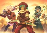  .hack// .hack//games 1girl 2boys armor bikini_armor black_rose_(.hack//) blue_eyes blue_hair dagger dark_skin elk_(.hack//) facial_mark flat_chest gecco_knight gloves hat kite_(.hack//) multiple_boys open_mouth red_eyes short_hair silver_hair smile staff sword tattoo weapon 