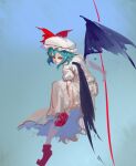  1girl blue_background blue_hair bow dress hat hat_bow inishie_kumo looking_at_viewer medium_hair pillow_hat puffy_short_sleeves puffy_sleeves red_eyes red_footwear remilia_scarlet shoes short_sleeves sketch smile solo touhou white_dress white_headwear wings 