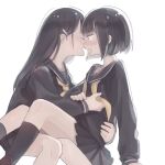  2girls arm_around_back black_hair black_serafuku blush bob_cut closed_eyes hair_ornament hairclip imminent_kiss inuko_(ink0425) long_hair miniskirt multiple_girls original profile school_uniform serafuku short_hair sitting skirt sweatdrop untying white_background yuri 