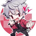  1boy argonavis_from_bang_dream! asahi_nayuta bang_dream! chibi fang highres holding holding_microphone jacket kushidori2 leather leather_jacket male_focus microphone outstretched_arm red_background red_eyes red_jacket silver_hair skin_fang solo 