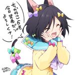  1girl :d ^_^ animal_ear_fluff animal_ears bangs black_hair blue_bow blue_nails blue_sailor_collar blue_skirt blush bow brown_nails cat_ears cat_girl cat_tail chikanoko closed_eyes commentary_request eyebrows_visible_through_hair eyes_visible_through_hair green_bow green_nails hair_bow hands_on_own_face hands_up highres long_sleeves multicolored multicolored_nails nail_polish open_mouth pink_bow pink_nails pleated_skirt purple_bow ragho_no_erika sailor_collar shirt signature simple_background skirt sleeves_past_wrists smile solo tail tail_bow tail_ornament tail_raised translated white_background yellow_bow yellow_shirt 