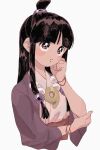  1girl ayasato_mayoi bangs black_hair blunt_bangs eyebrows_visible_through_hair gyakuten_saiban hair_ornament half_updo hand_up highres japanese_clothes jewelry long_hair necklace omen_hohoho sidelocks simple_background solo upper_body white_background 