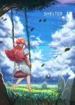  1girl artist_name barefoot blue_sky cloud cloudy_sky copyright_name dress from_behind grass highres klegsart long_hair long_sleeves pink_hair plant rin_(shelter) rock shelter_(music_video) sky solo swing white_dress 